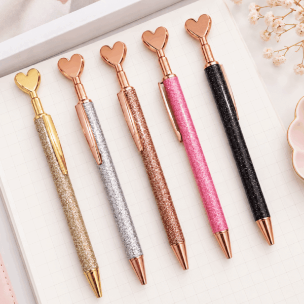 Caneta Metálica LUXO Clic Coração Glitter - IMPORTADO - PACOTE 12 UND