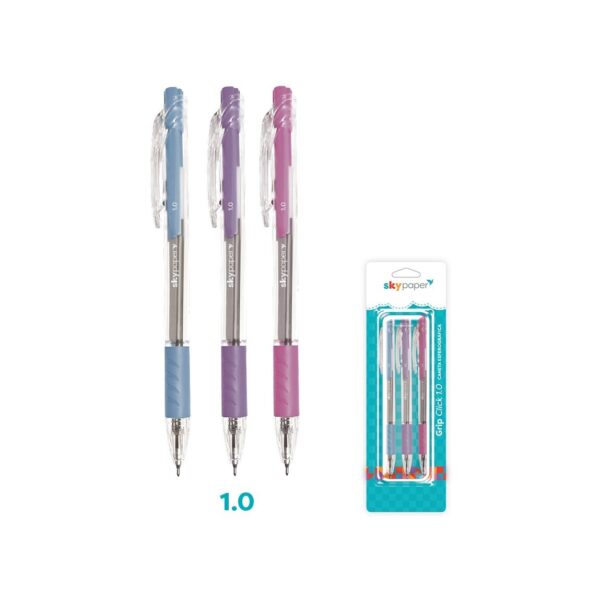 Kit Caneta Click Esferográfica 1.0mm c/ 3 Cores - SKYPAPER - BLISTER