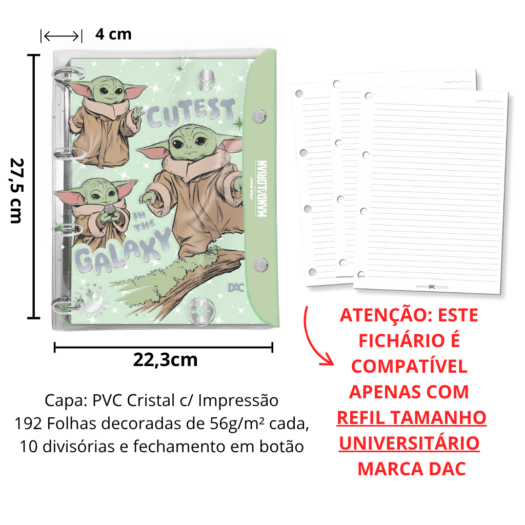 Fichário Universitário PVC Cristal 10 Divisórias Mandalorian Star Wars 192 fls - DAC