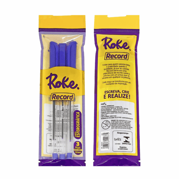 Caneta Esferográfica Transparente AZUL 1.0 mm Record - ROKE - BLISTER 3 UND