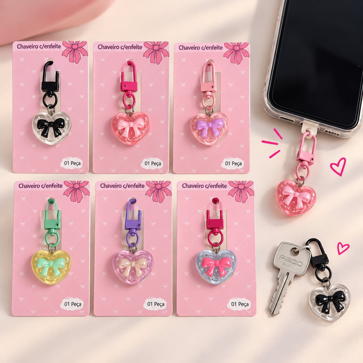 Chaveiro Tendência Charm p/ Celular Coração Laço - IMPORTADO - UND
