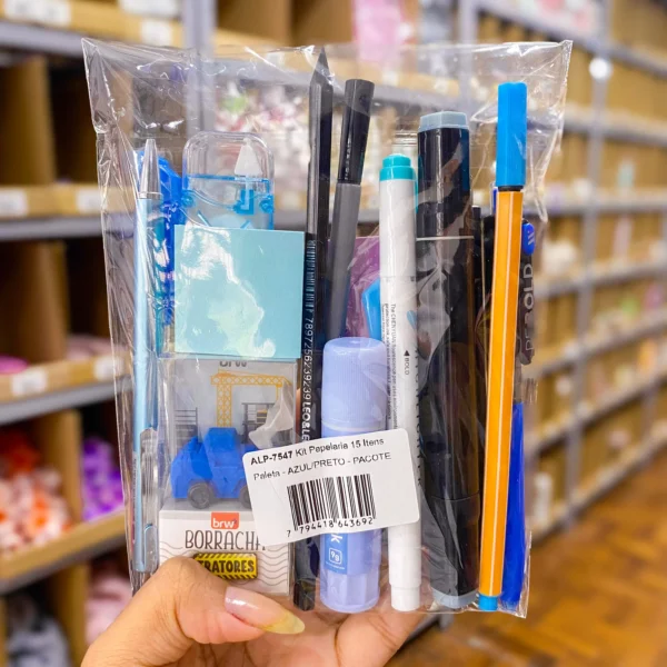 Kit Papelaria 15 Itens Paleta - AZUL/PRETO - PACOTE