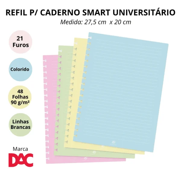 Refil de Folhas Reposicionável para Caderno Smart Universitário Colorido - DAC