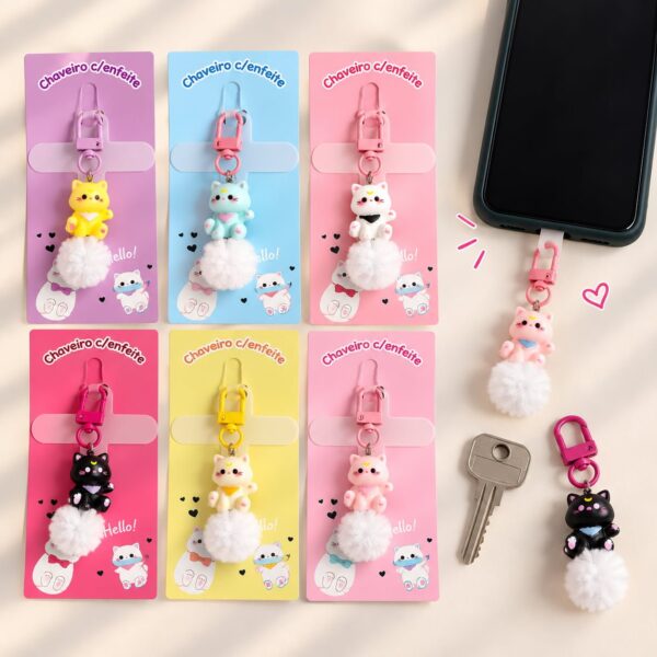 Chaveiro Tendência Charm p/ Celular Gatinho Pompom - IMPORTADO - UND