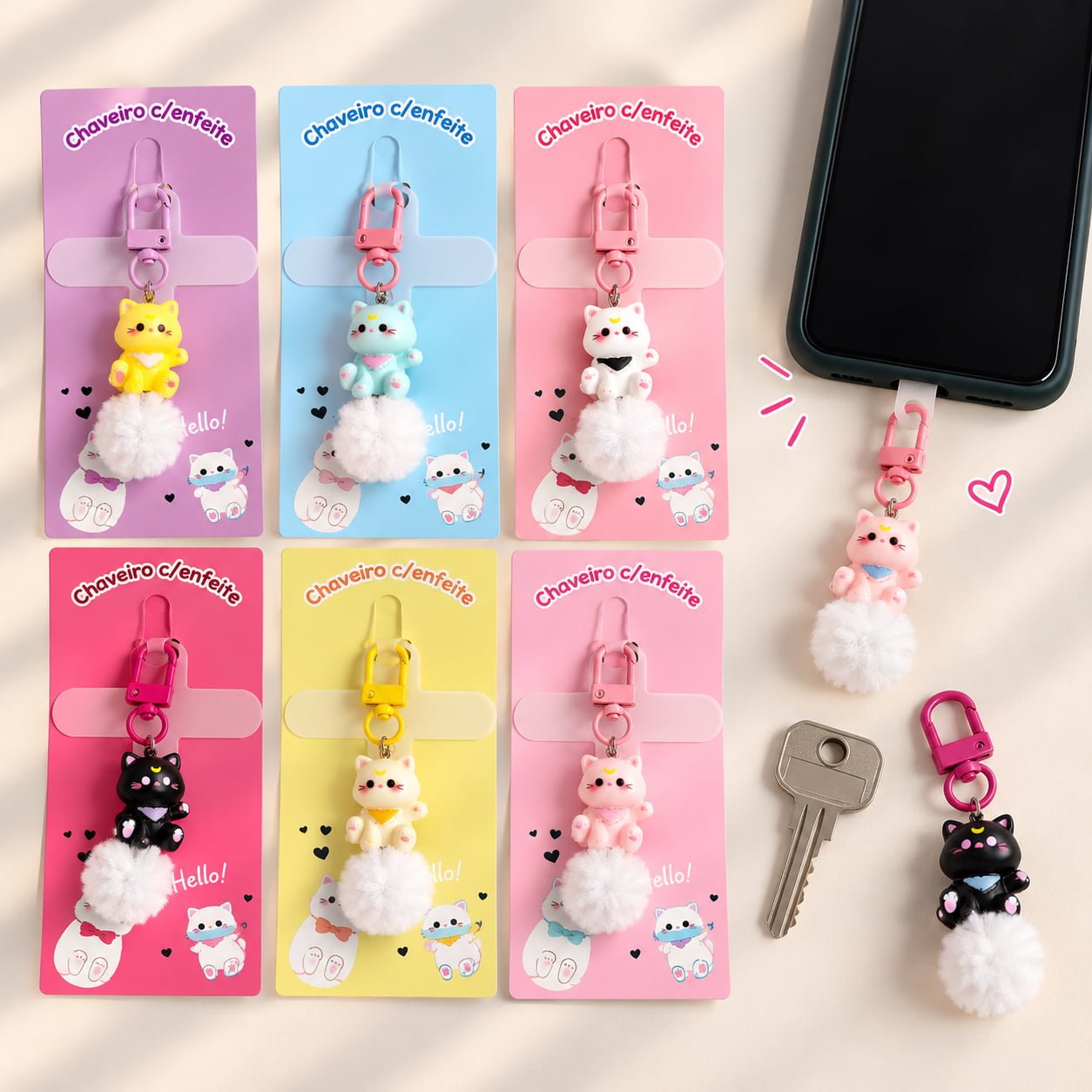 Chaveiro Tendência Charm p/ Celular Gatinho Pompom - IMPORTADO - UND