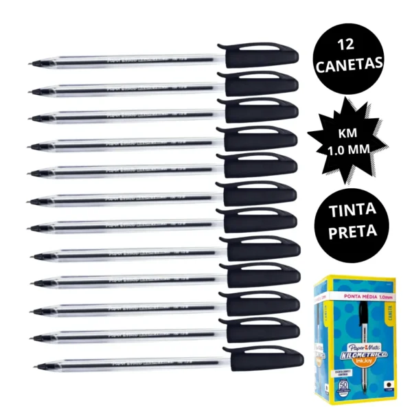Caneta Kilométrica 100 PRETA 1.0mm - PAPER MATE - 12 UND