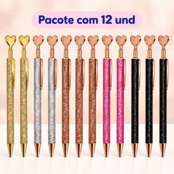 Caneta Metálica LUXO Clic Coração Glitter - IMPORTADO - PACOTE 12 UND