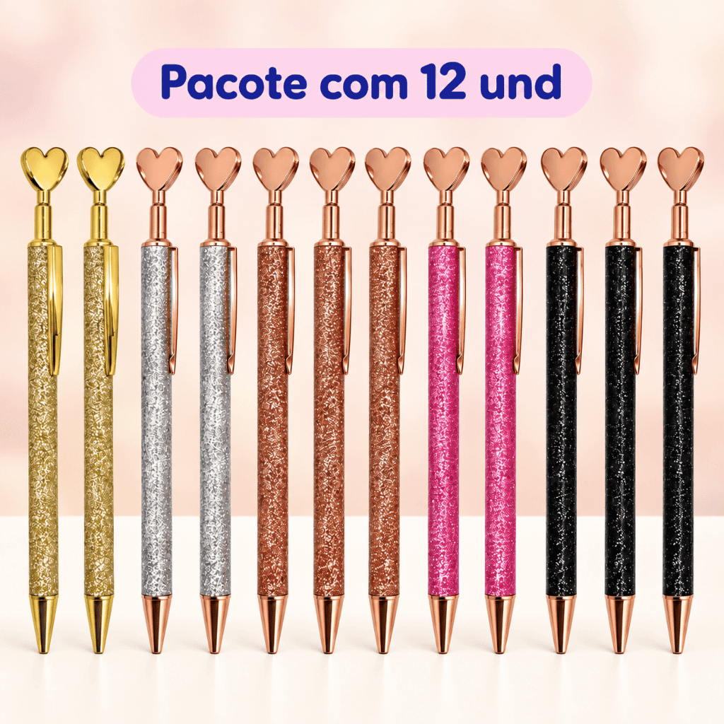 Caneta Metálica LUXO Clic Coração Glitter - IMPORTADO - PACOTE 12 UND