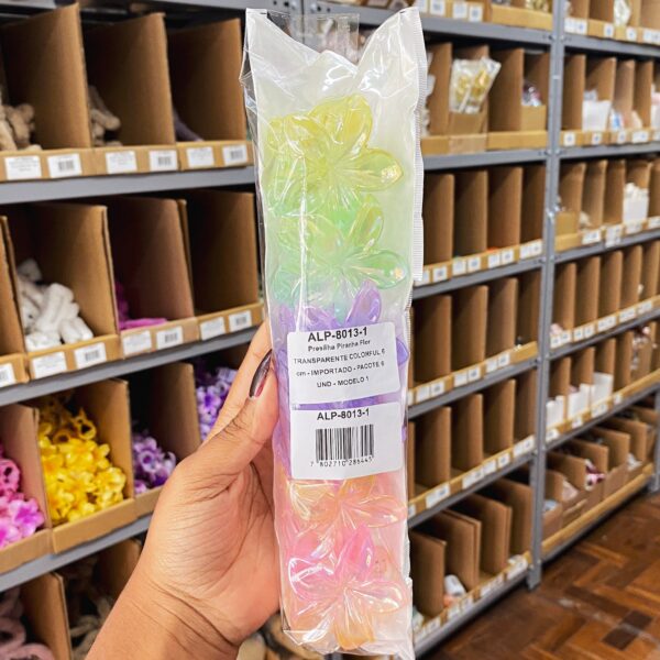 Presilha Piranha Flor TRANSPARENTE COLORFUL 6 cm - IMPORTADO - PACOTE 6 UND