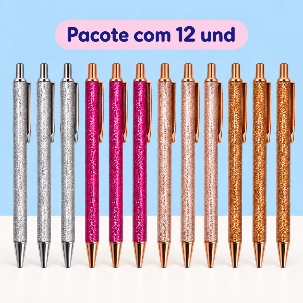 Caneta  Metálica LUXO Glitter - IMPORTADO - PACOTE 12 UND