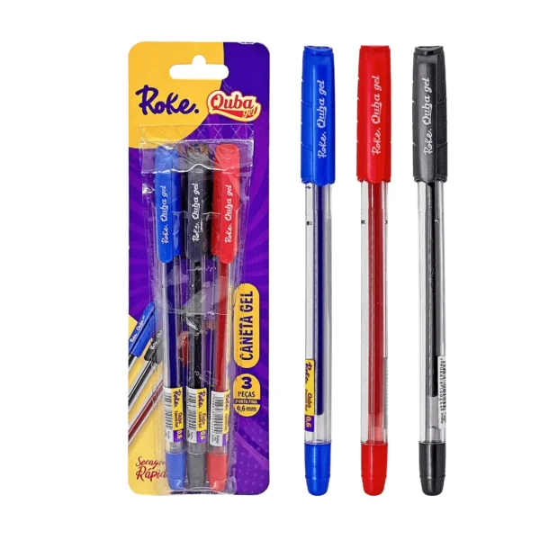 Kit Caneta Gel Quba 0.6mm PT/AZ/VM - ROKE - BLISTER 3 UND
