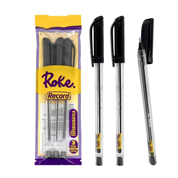Kit Caneta Esferográfica Transparente PRETA 1.0 mm Record - ROKE - BLISTER 3 UND