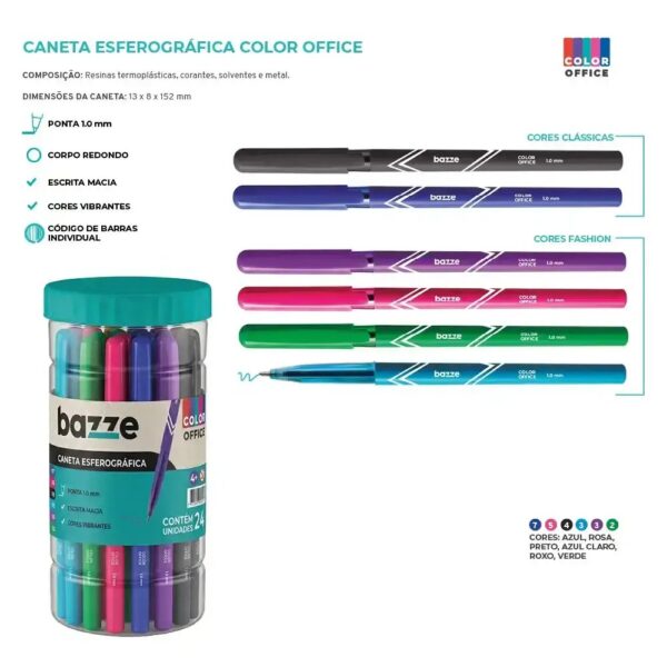 Caneta Esferográfica Color Office 1.0mm - TRIS BAZZE - POTE 24 UND