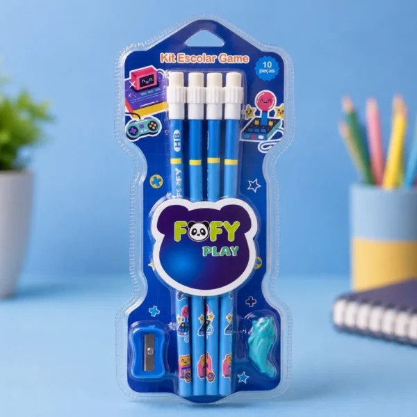 Kit Escolar Game AZUL 10 Peças - FOFY - BLISTER