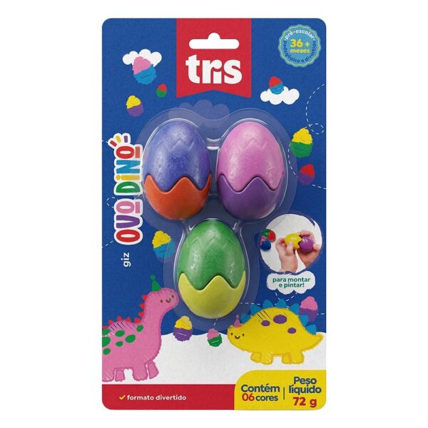 Giz de Cera Ovo Dino 6 Cores c/ 3 Ovos - TRIS - BLISTER