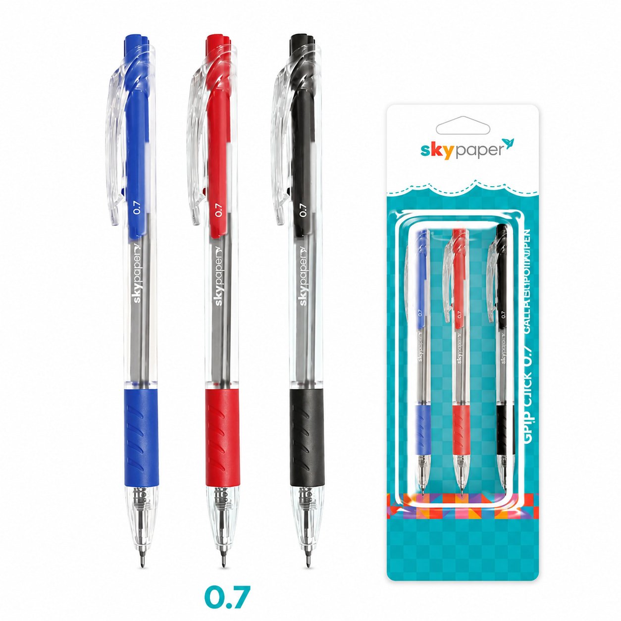 Kit Caneta Click Esferográfica 0.7mm c/ 3 Cores- SKYPAPER - BLISTER