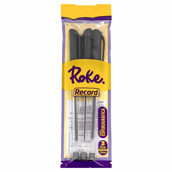 Kit Caneta Esferográfica Transparente PRETA 1.0 mm Record - ROKE - BLISTER 3 UND