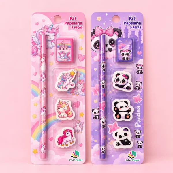 Kit Escolar Panda/Unicórnio 5 Peças - IMPORTADO - BLISTER