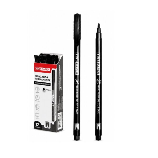 Caneta Marcador Permanente Slim Preto - YINS PAPER - CX 12 UND